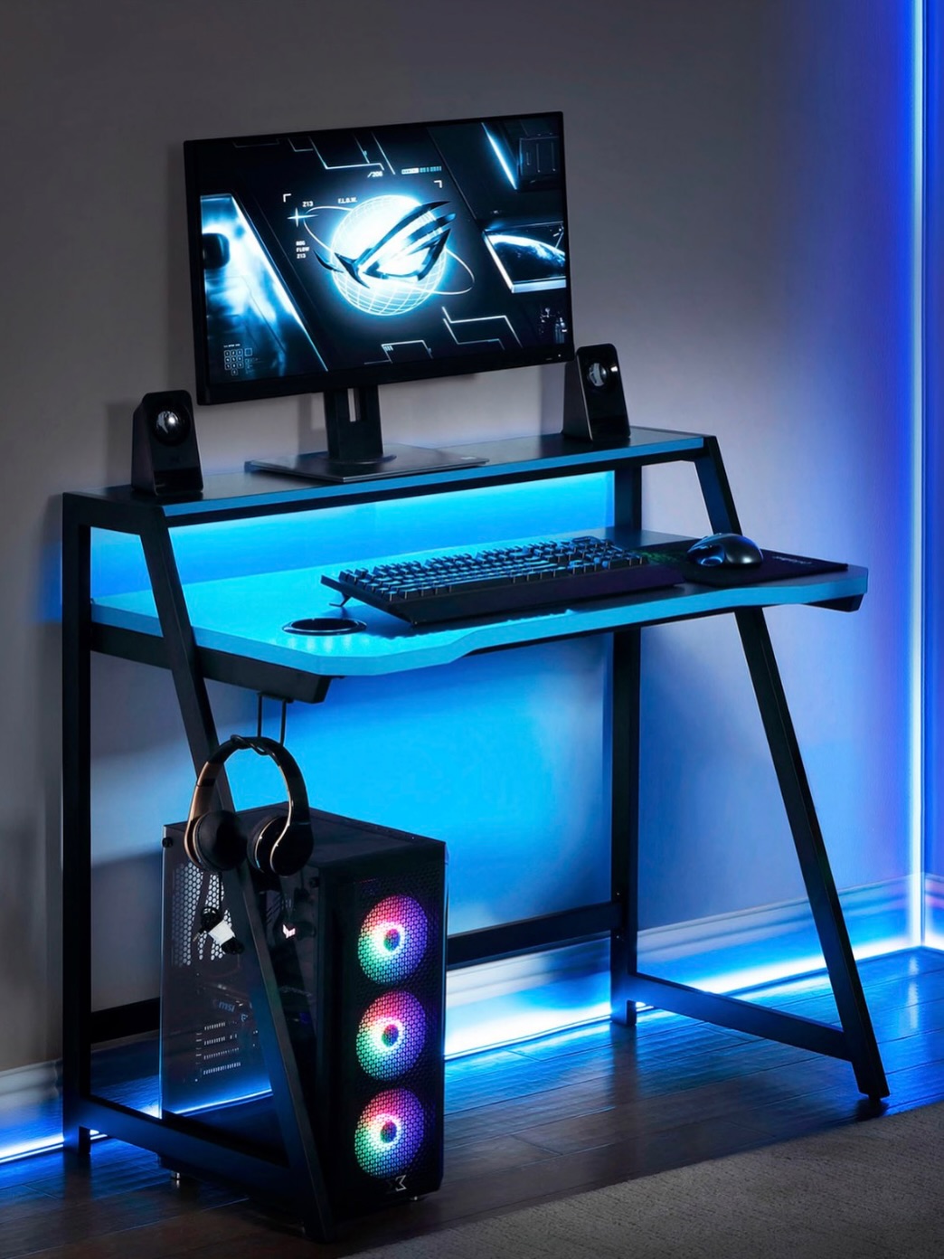 Gaming Desk with Riser Shelf and LED Lighting – $185