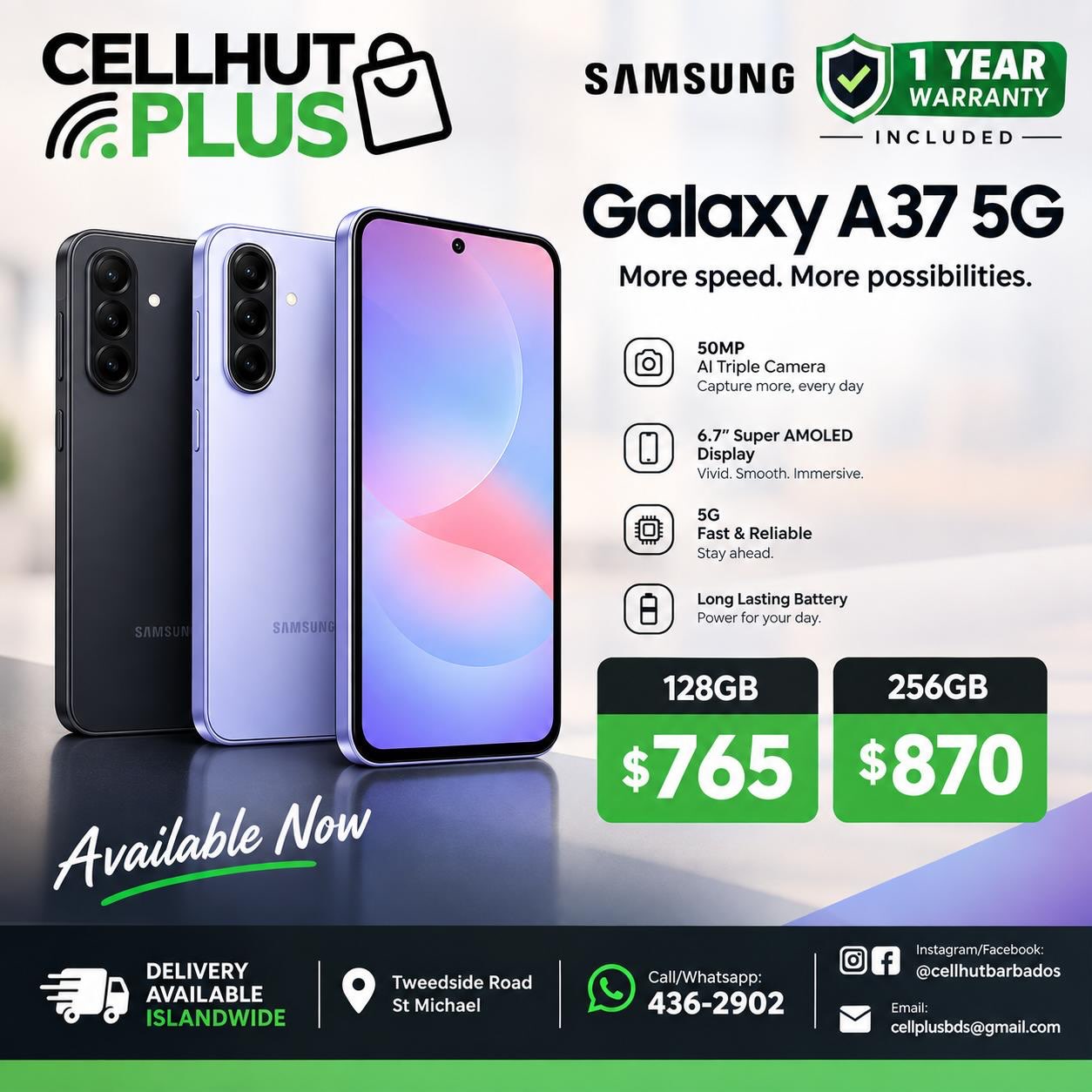 Samsung Galaxy A37 5G – Now Available at Cell Hut Plus (128GB $765 / 256GB $870)