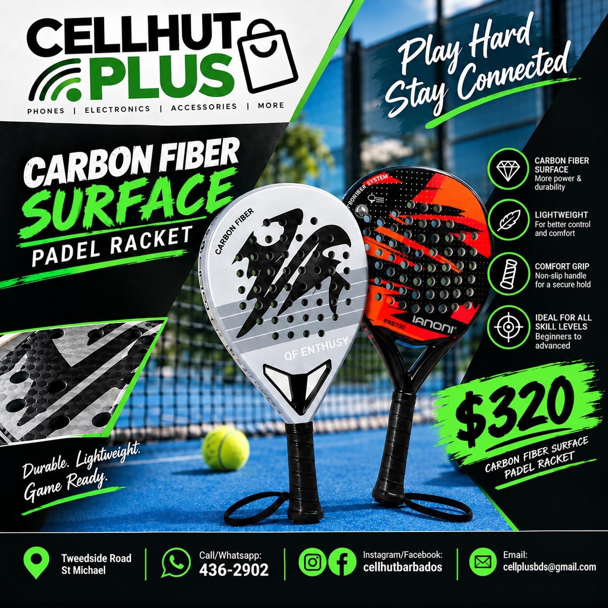 Carbon Fiber Surface Padel Rackets - $320 at Cell Hut Plus
