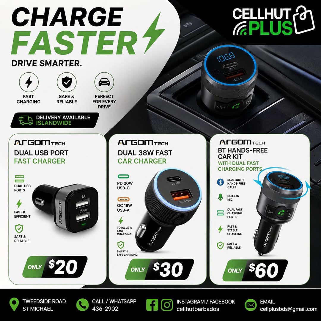 Car Chargers from $20 at Cell Hut Barbados – Island-wide Delivery Available
