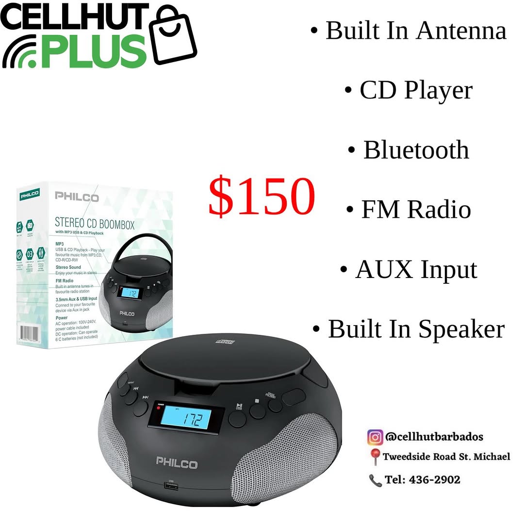 Philco Stereo CD Boombox – $150 at Cell Hut Barbados