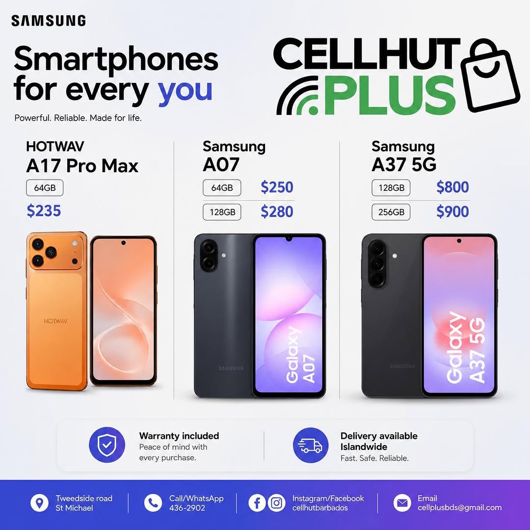 Brand New Smartphones at Cell Hut Barbados – Hotwav & Samsung with Prices