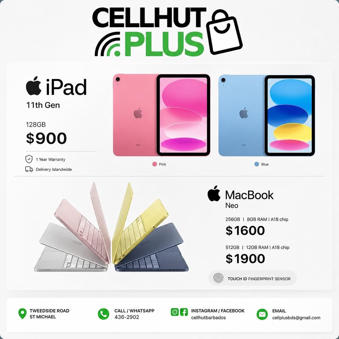 Apple iPad 11th Gen & MacBook Neo Available at Cell Hut Barbados