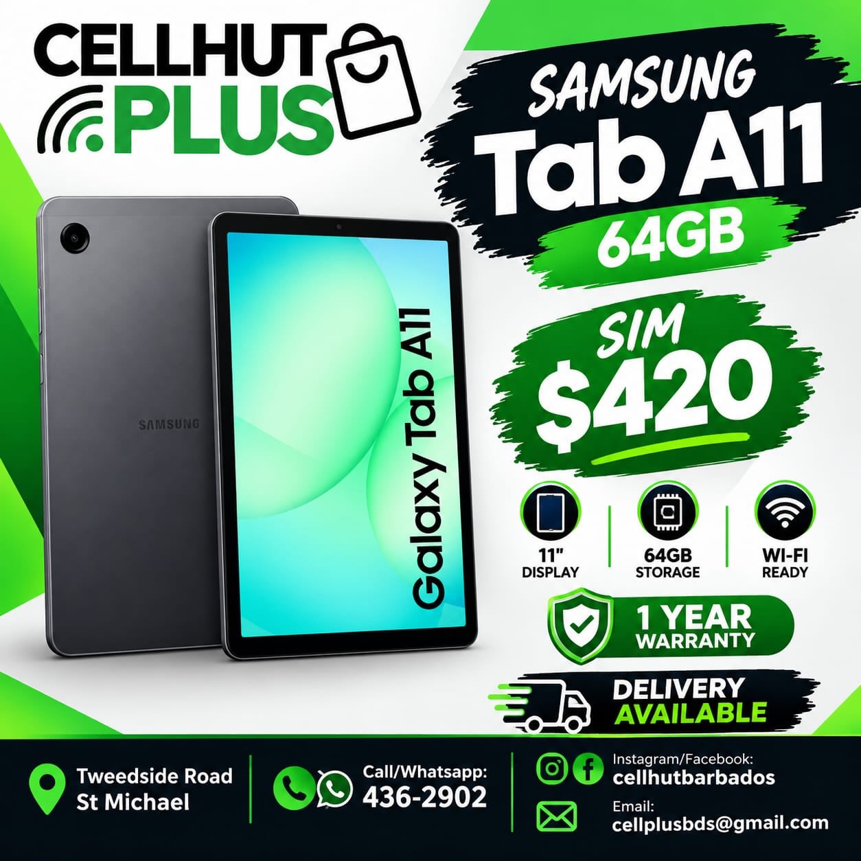 Samsung Galaxy Tab A11 64GB SIM – $420 at Cell Hut Plus