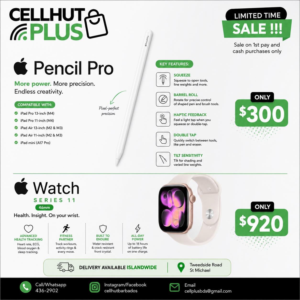 Cell Hut Plus Limited Time Sale – Apple Pencil Pro $300 & Apple Watch Series 11 $920