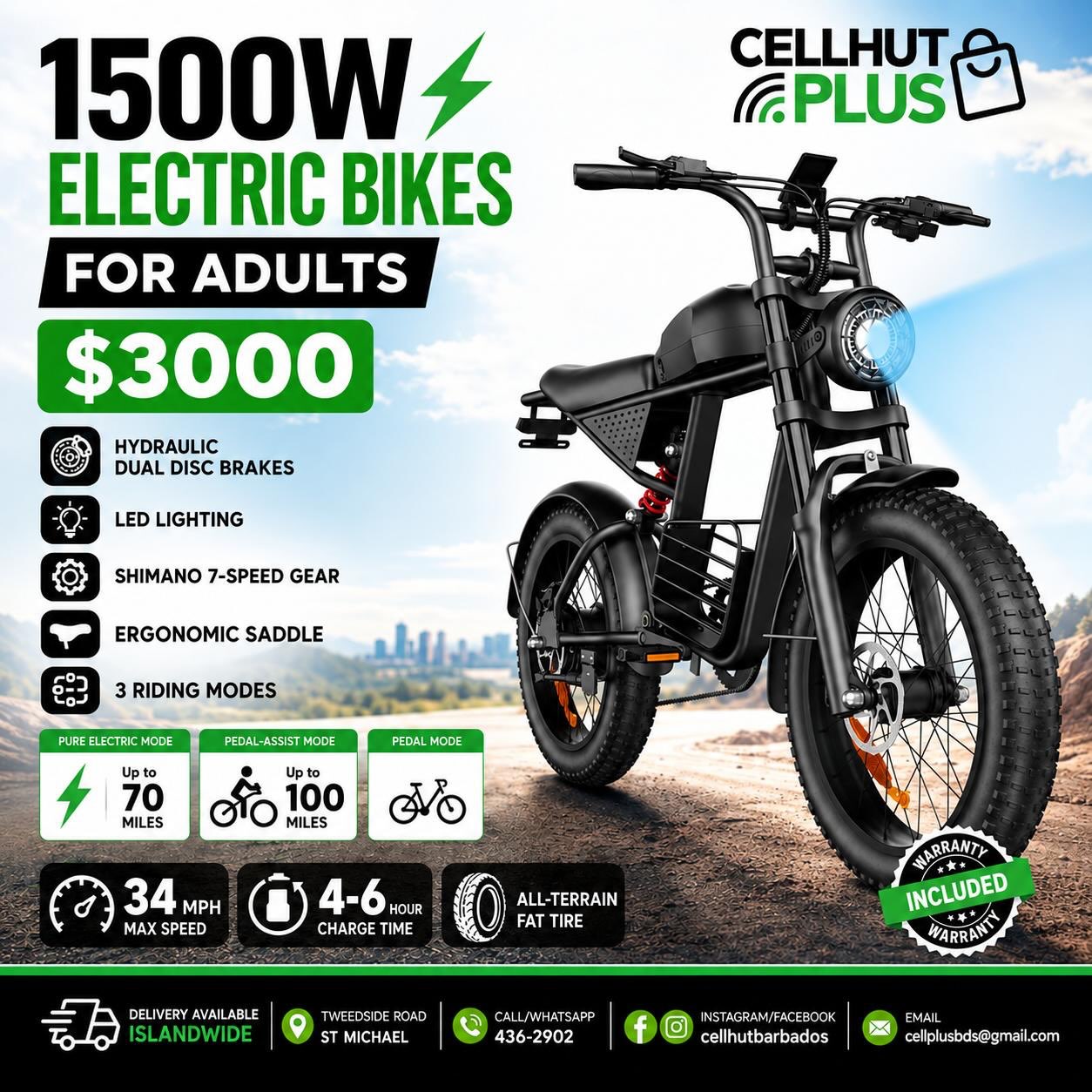 1500W Electric Bike for Adults – $3,000 at Cell Hut Plus