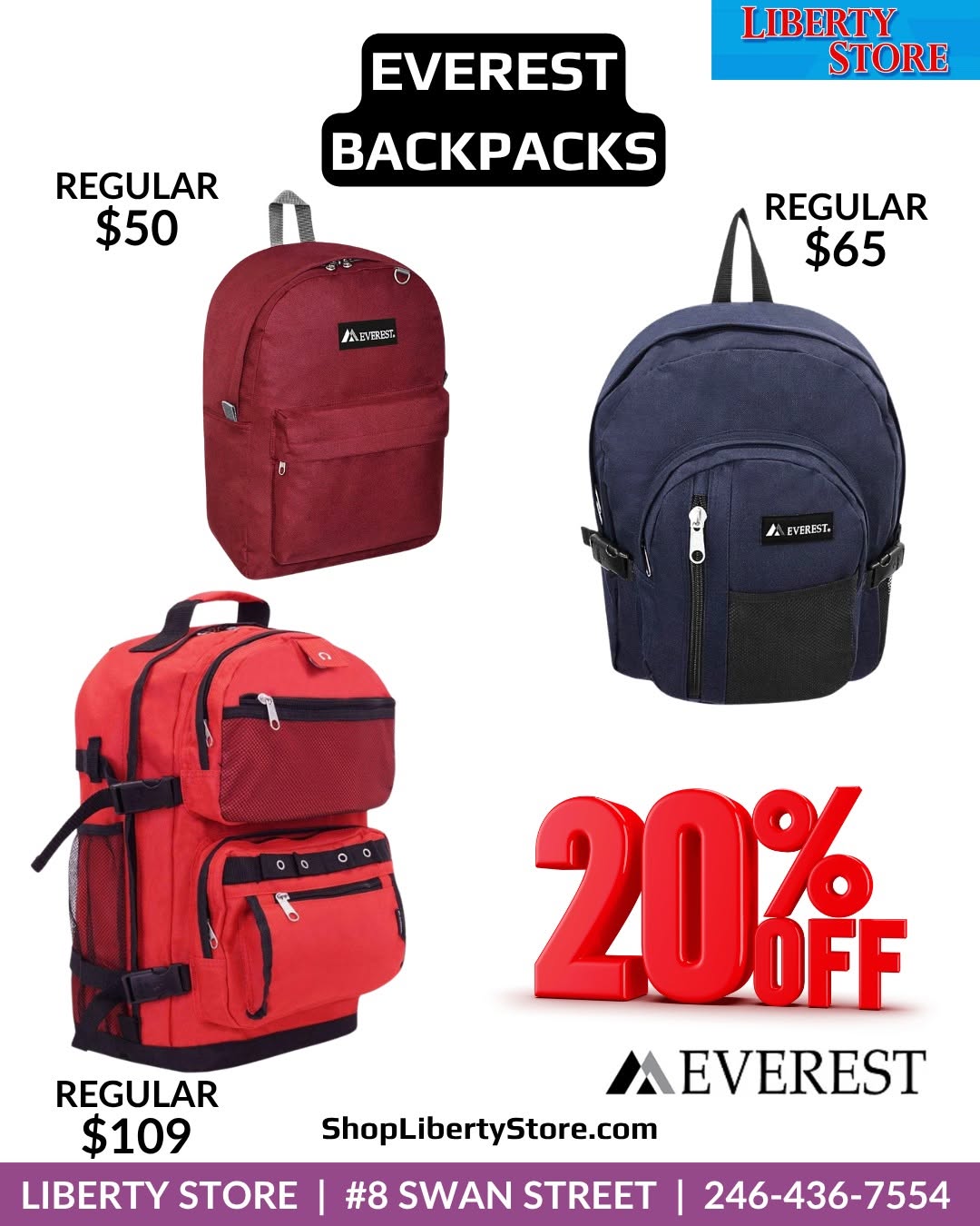 Liberty Store Multi-Product Sale: Flip Flops $30, Travel Luggage 10% Off, Everest Backpacks 20% Off