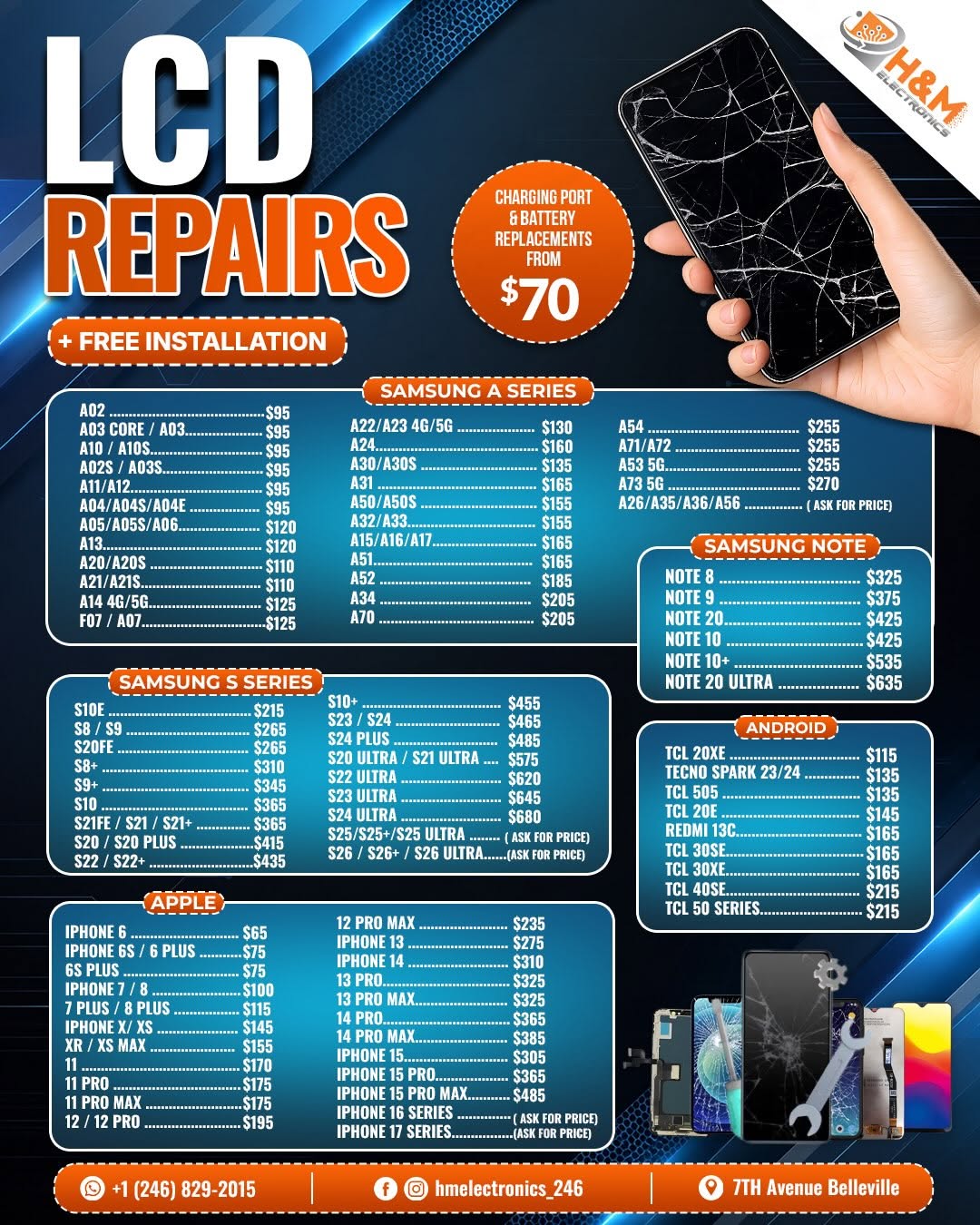 H&M Electronics – LCD, Charging Port & Battery Repairs with Free Installation
