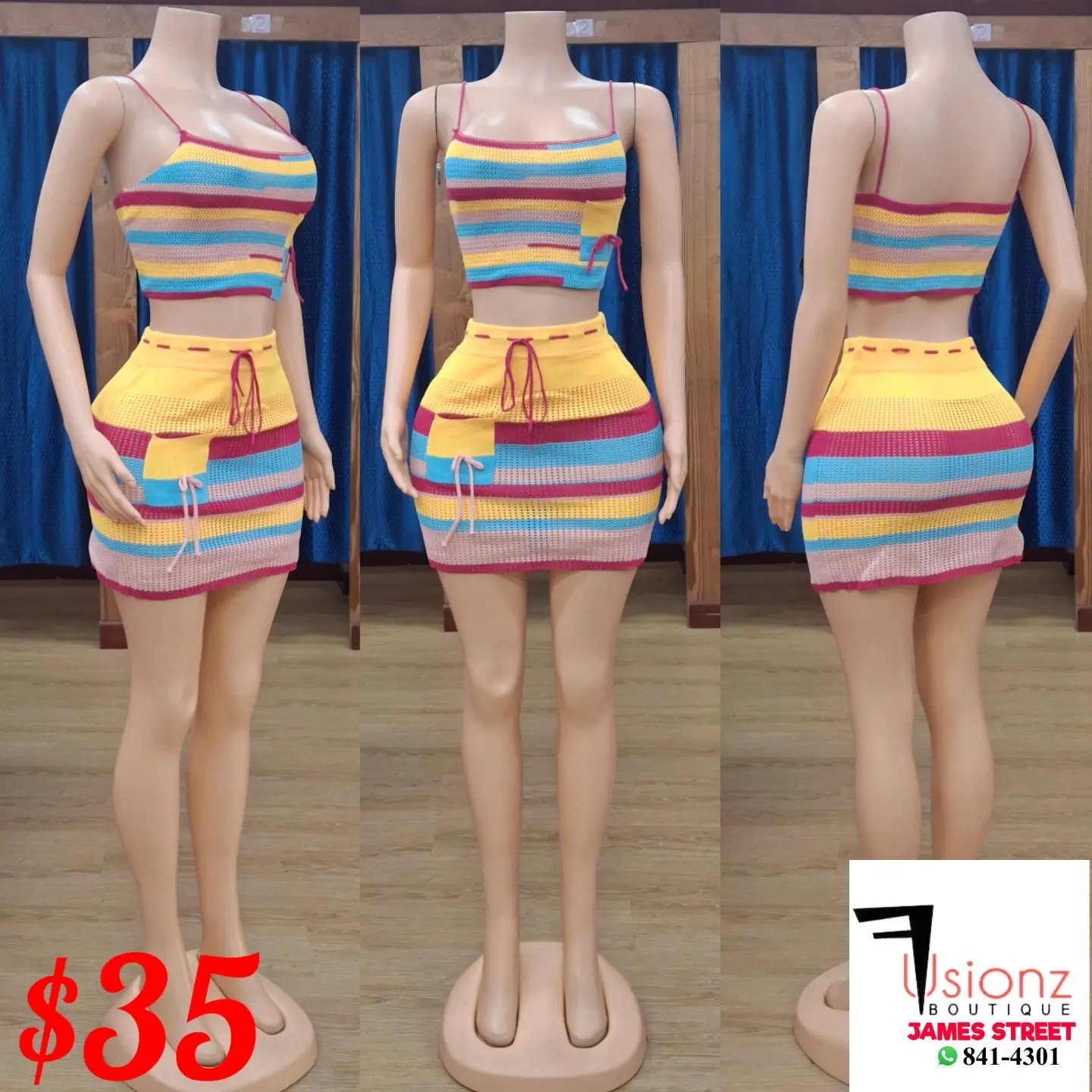 Fusionz Boutique — Crochet Set $35, Graphic Top $35, Denim Shorts $50