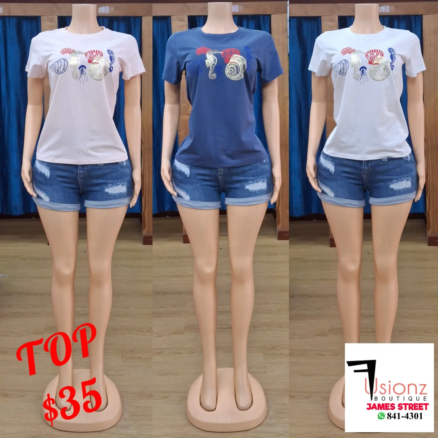 Fusionz Boutique — Crochet Set $35, Graphic Top $35, Denim Shorts $50