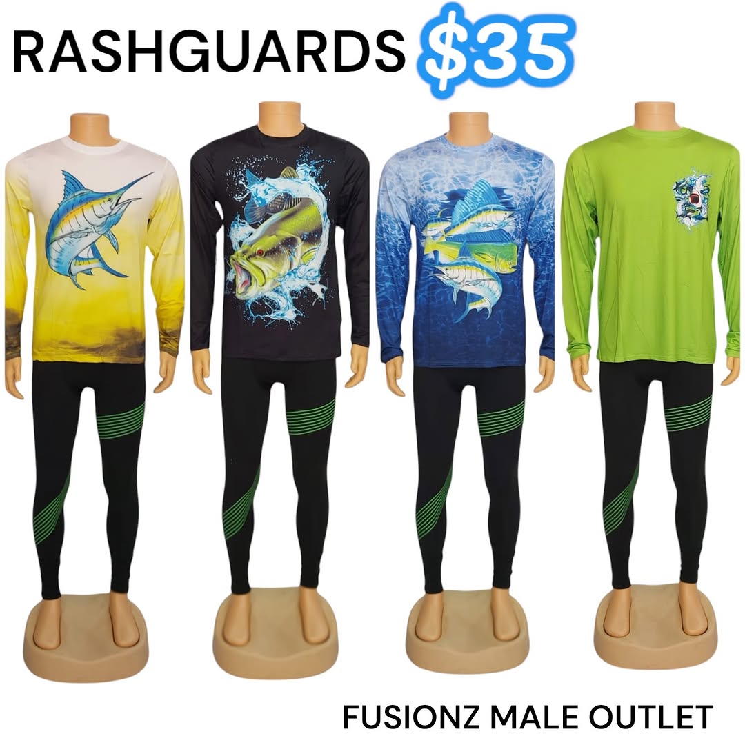 Rashguards $35 & Drifit T-Shirts $20 at Fusionz Male Outlet