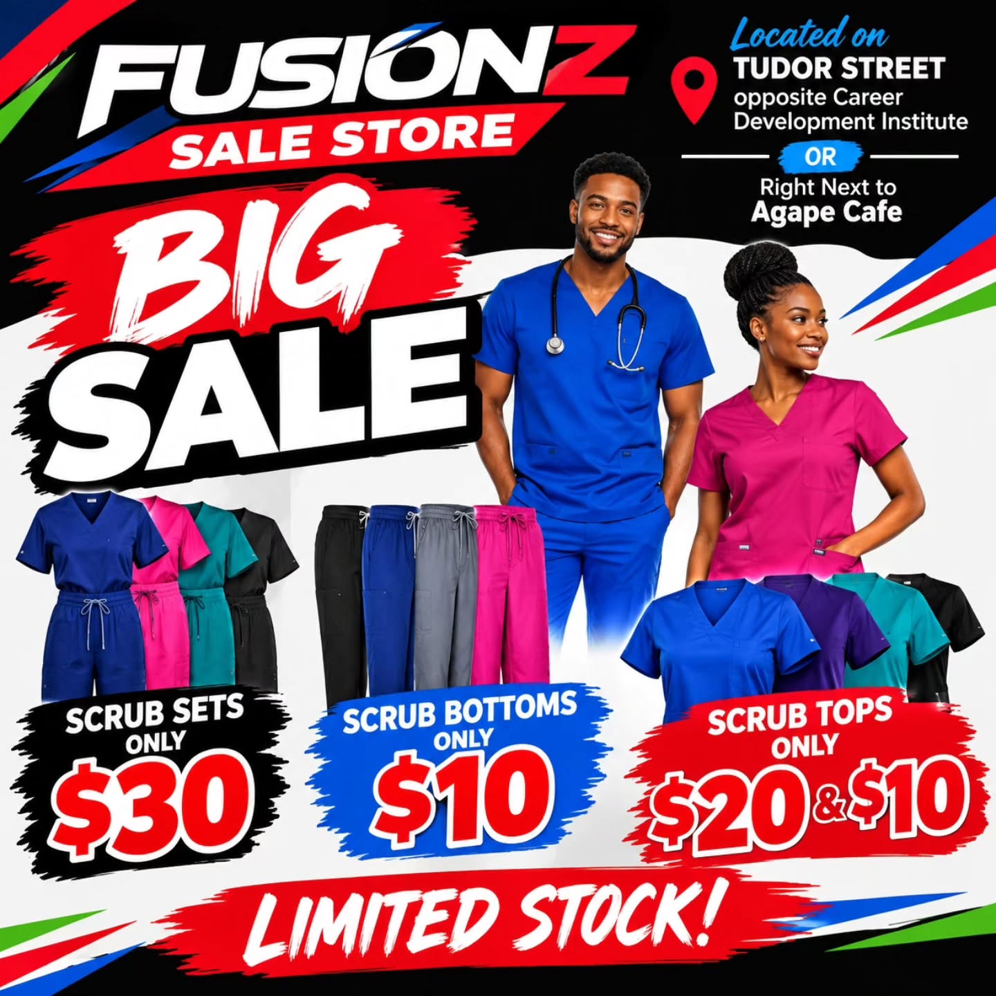 Fusionz Big Scrub Sale – Sets $30, Bottoms $10, Tops from $10