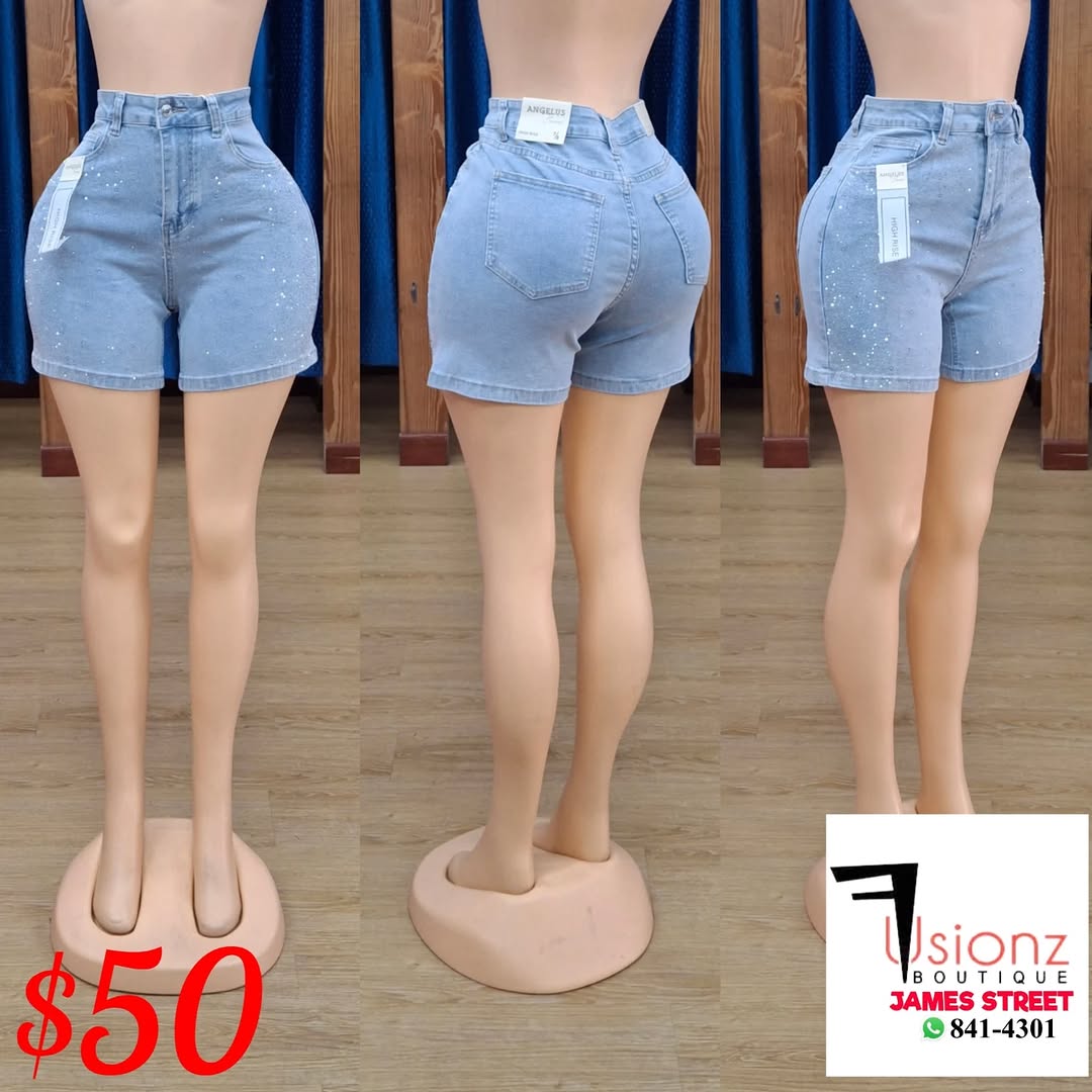 Fusionz Boutique – High-Rise Rhinestone Denim Shorts for $50