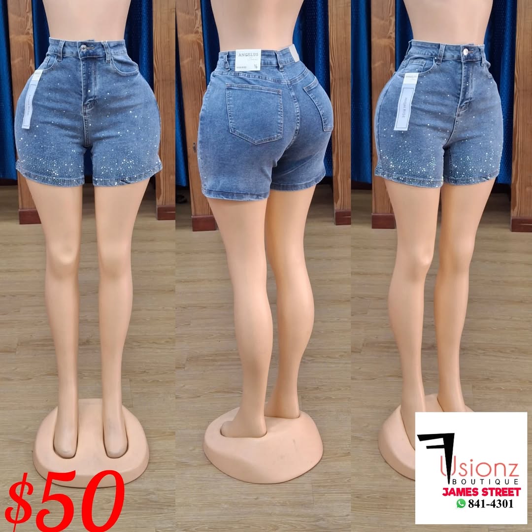 Fusionz Boutique – High-Rise Rhinestone Denim Shorts for $50