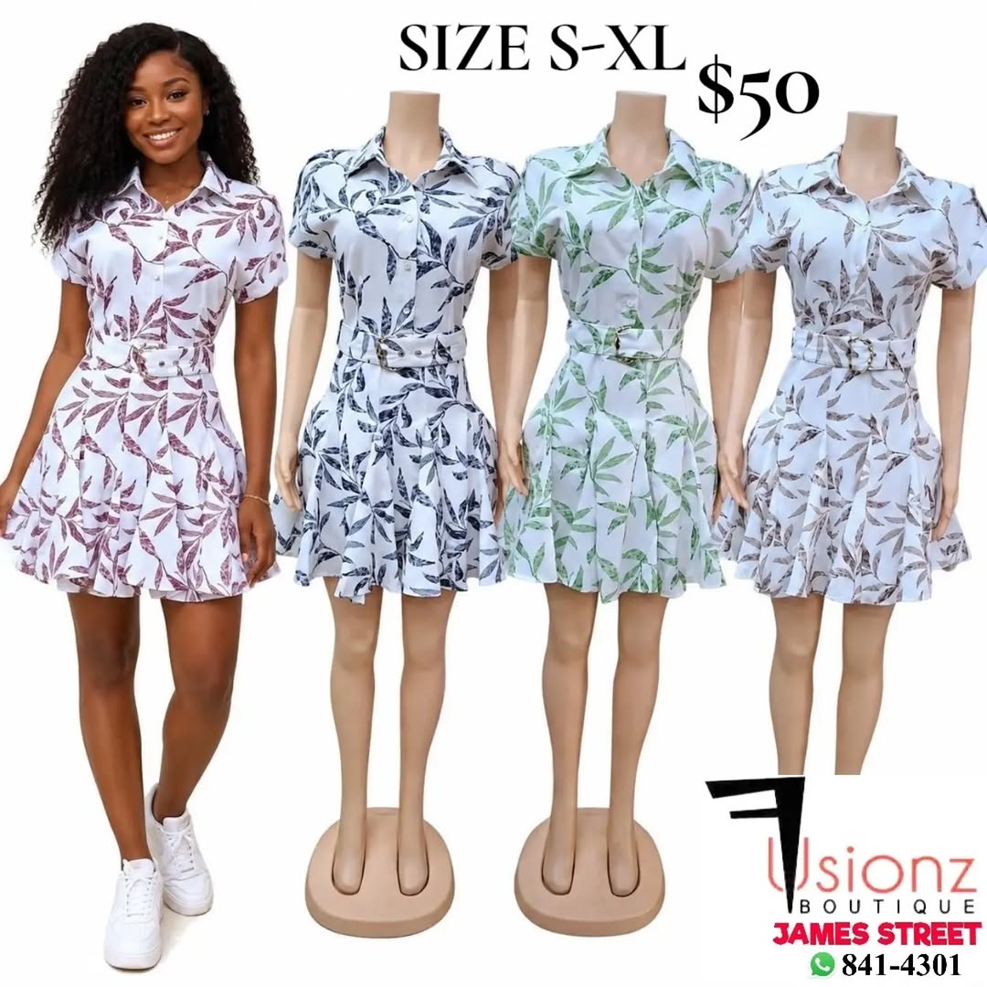 New Arrivals – Leaf Print Belted Shirt Dresses $50 at Fusionz Boutique