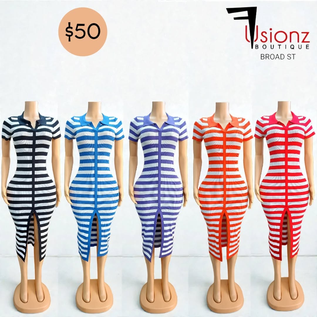 Striped Zip-Front Bodycon Dresses – $50 at Fusionz Boutique
