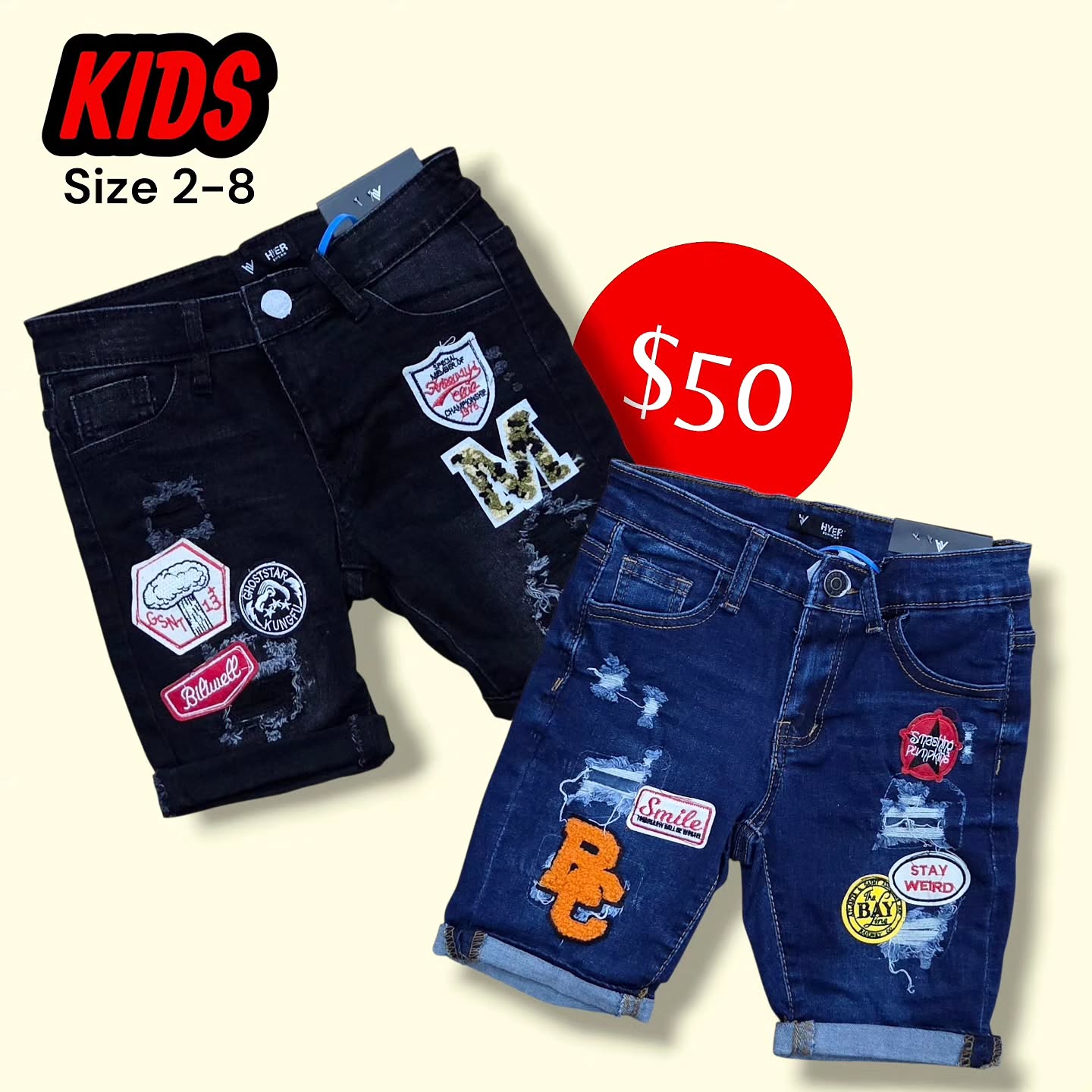 Kids Denim Shorts – $50 Each (Sizes 2–8 & 10–18)
