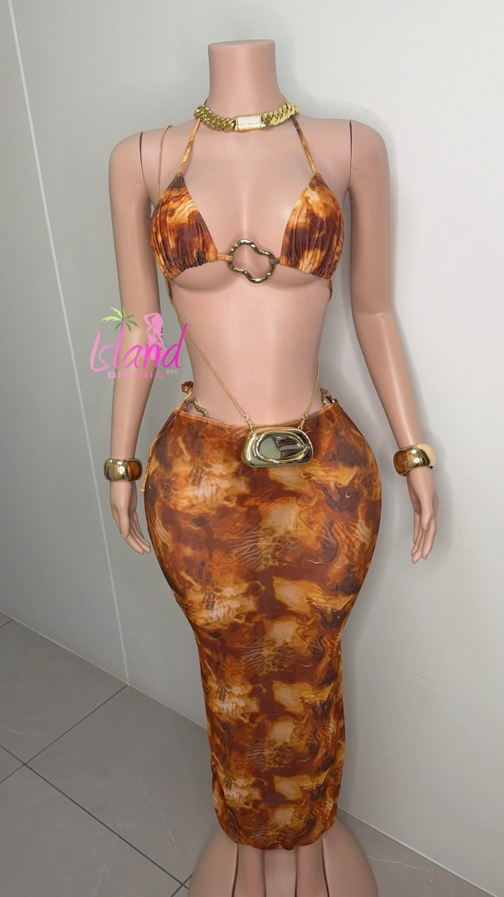 Brown & Gold Bikini Set with Skirt – $95 BDS (Size Medium)
