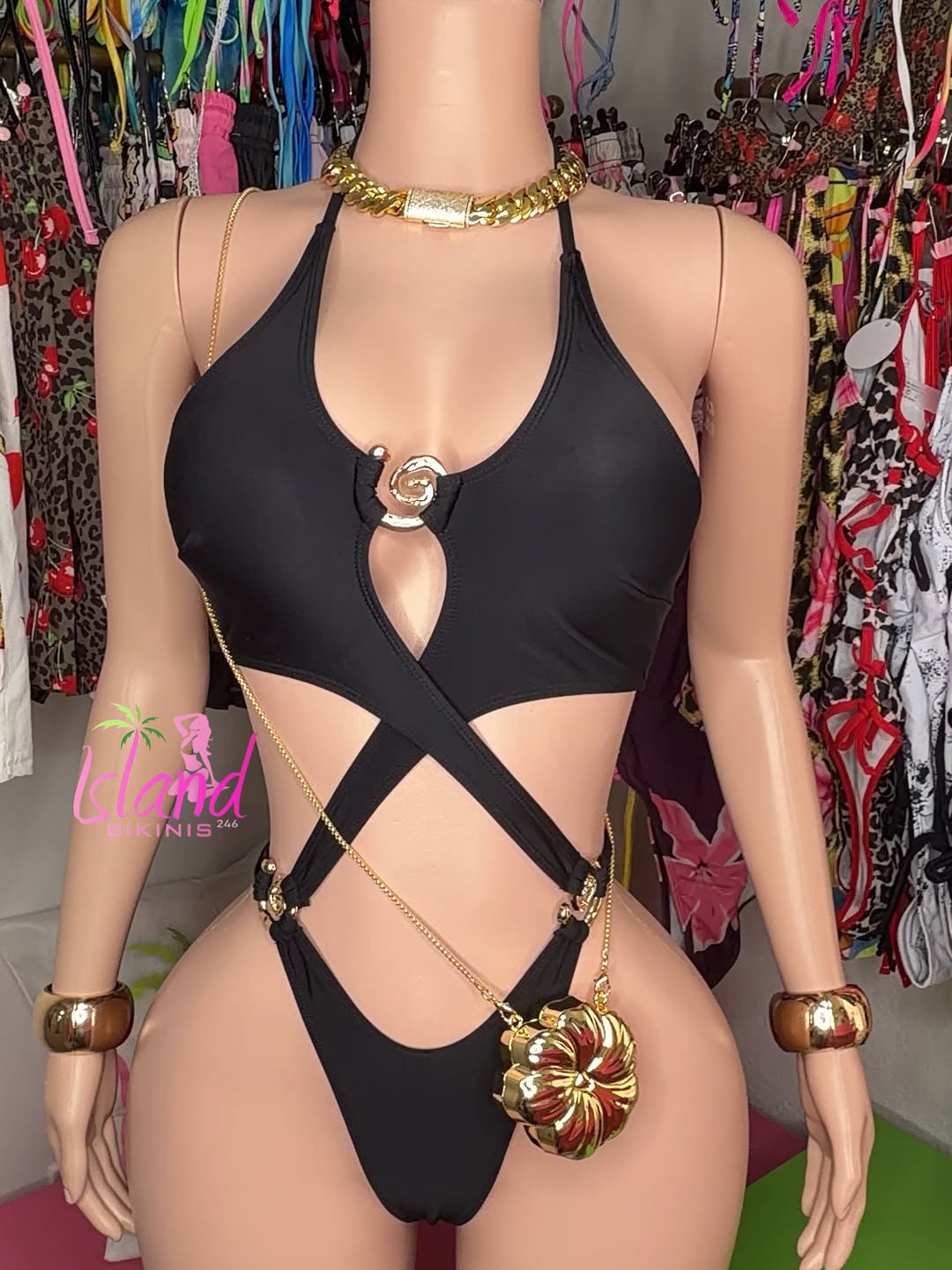 Black Cut-Out Monokini with Gold Accessories – $75 BDS
