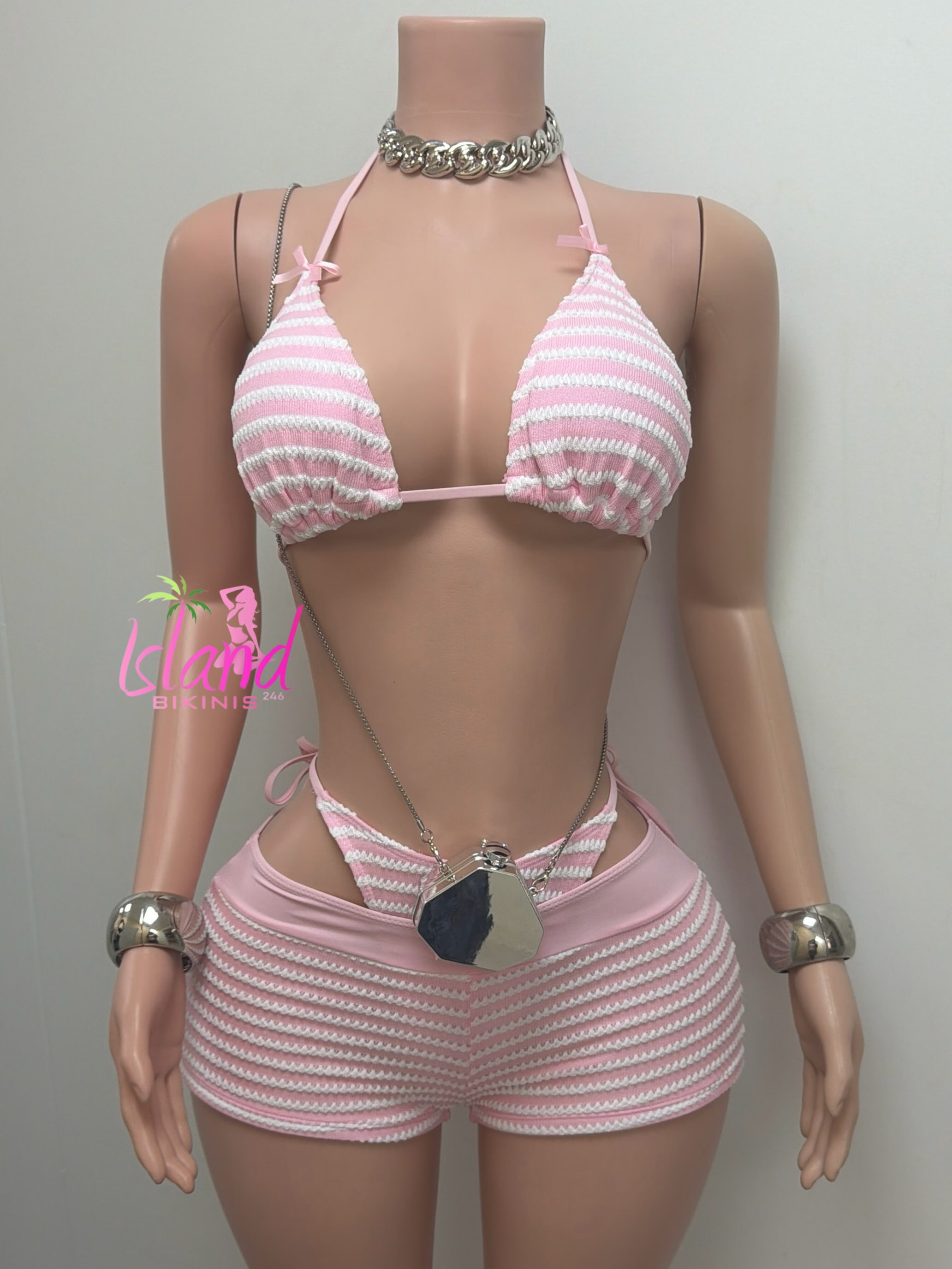 Pink Striped Bikini Set – $90.09 BDS (Size Medium)