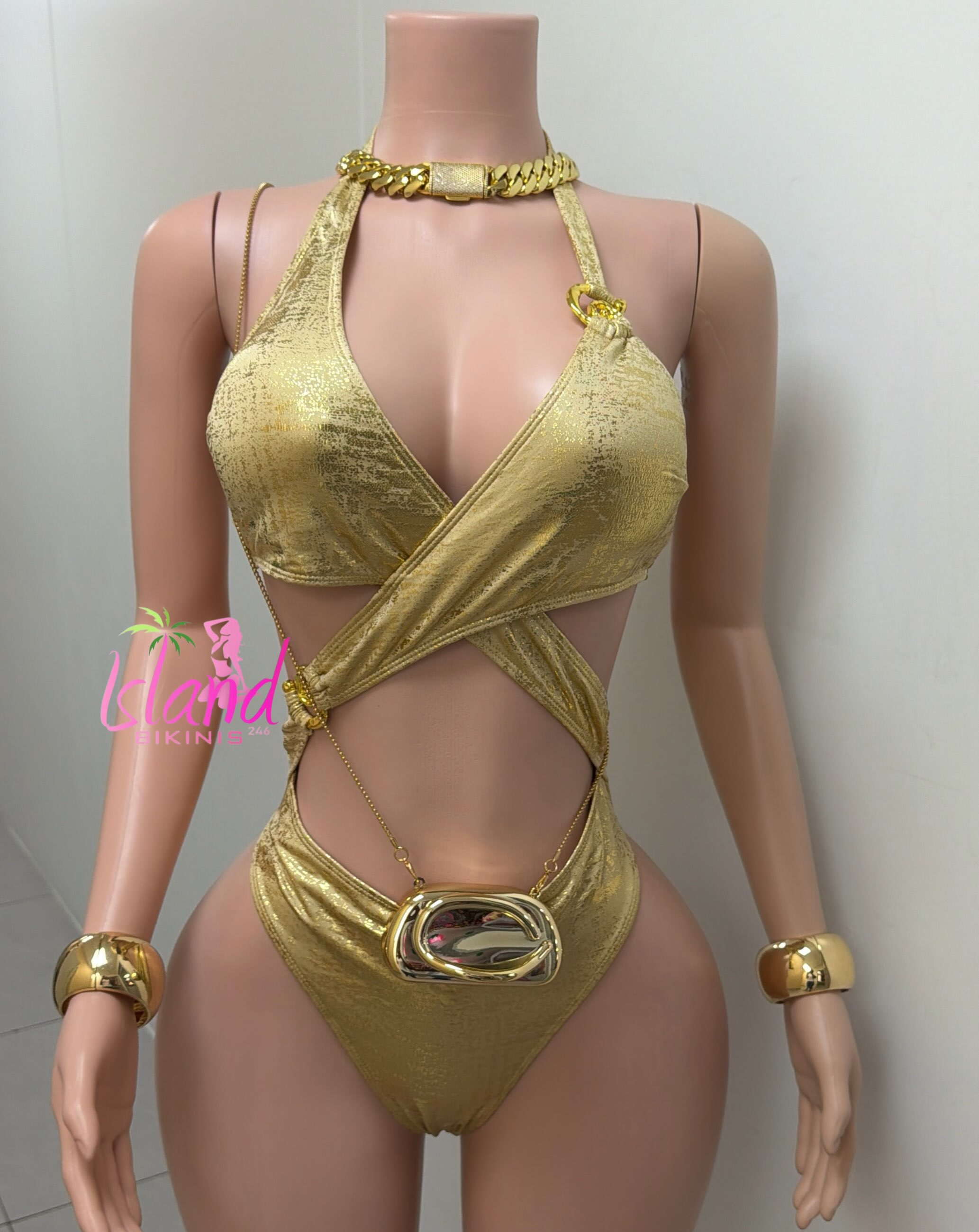 Gold Metallic Cut-Out Swimsuit – $75 BDS (M/L)
