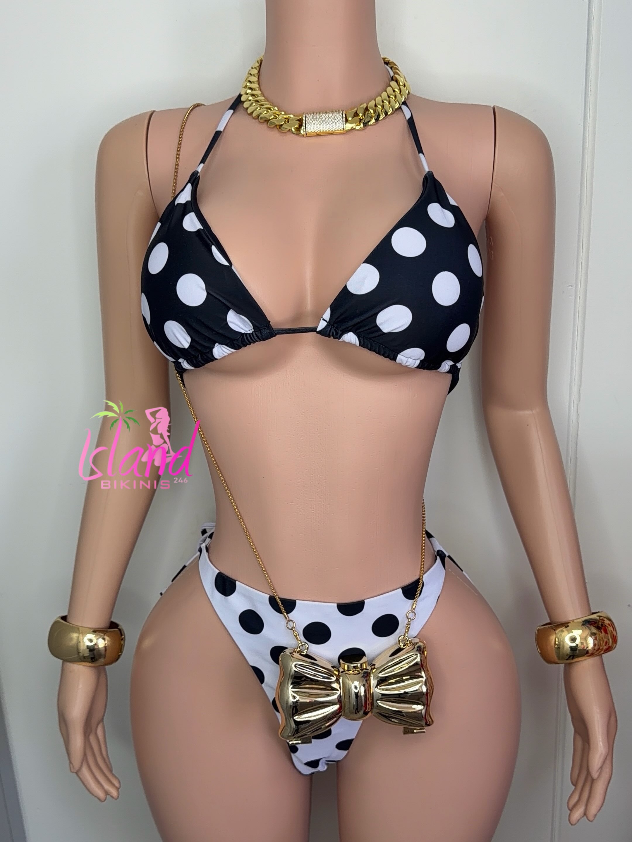 Polka Dot Bikini Set with Mesh Cover-Up – $115 BDS
