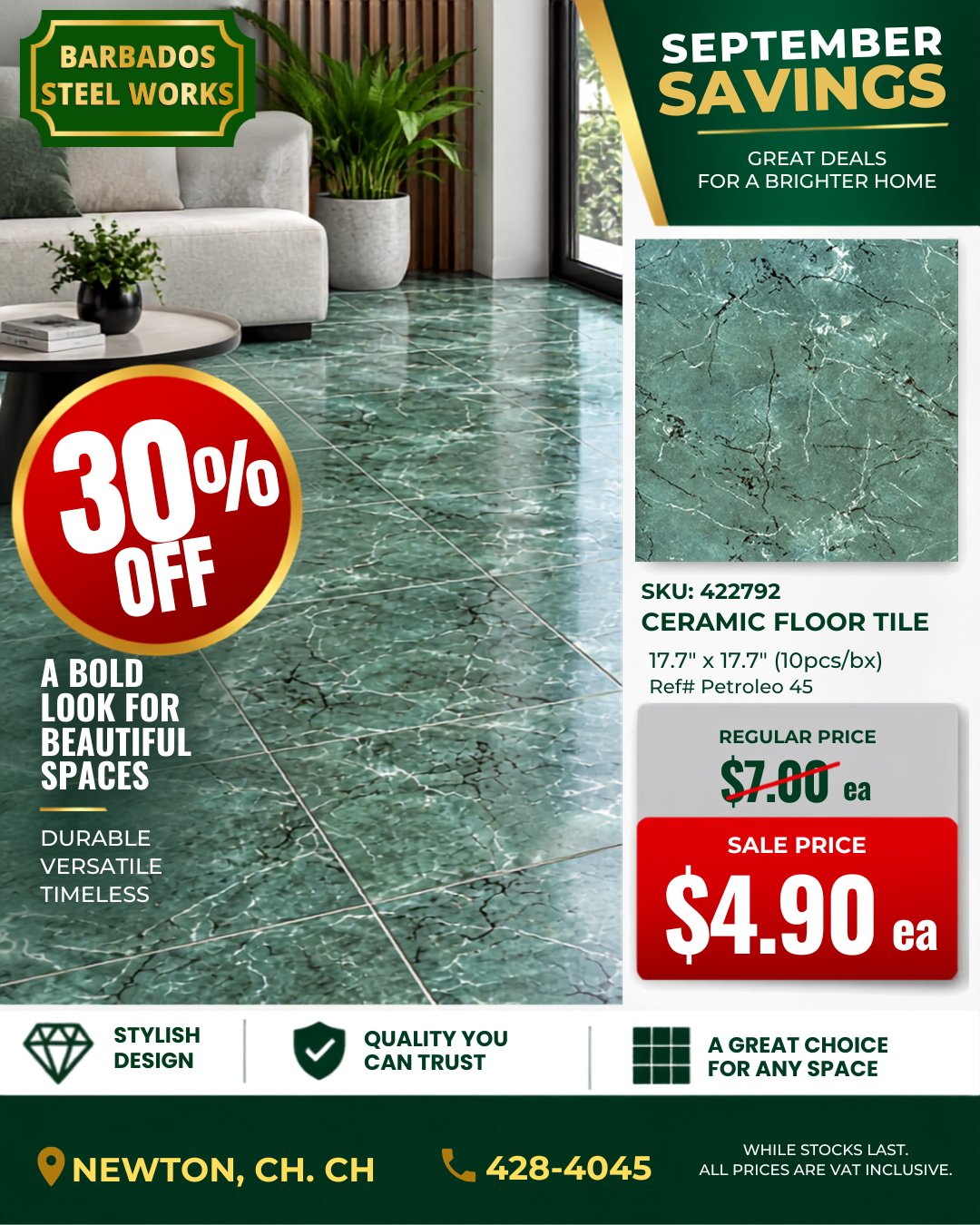 September Savings – 30% Off Ceramic Floor Tiles at Barbados Steel Works