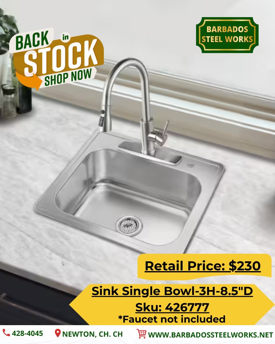 Sink Single Bowl-3H-8.5"D Back in Stock at $230