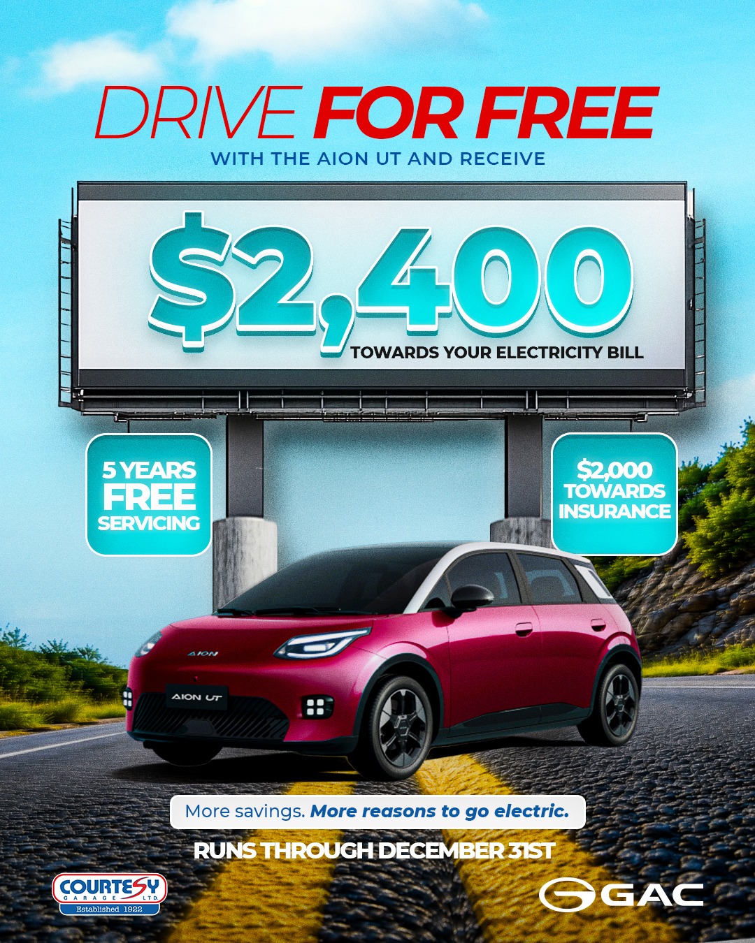 Drive for Free with the AION UT – $2,400 Towards Electricity Bill + Free Servicing