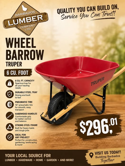 Truper 6 Cu. Foot Wheelbarrow – $296.01 at Barbados Lumber Company