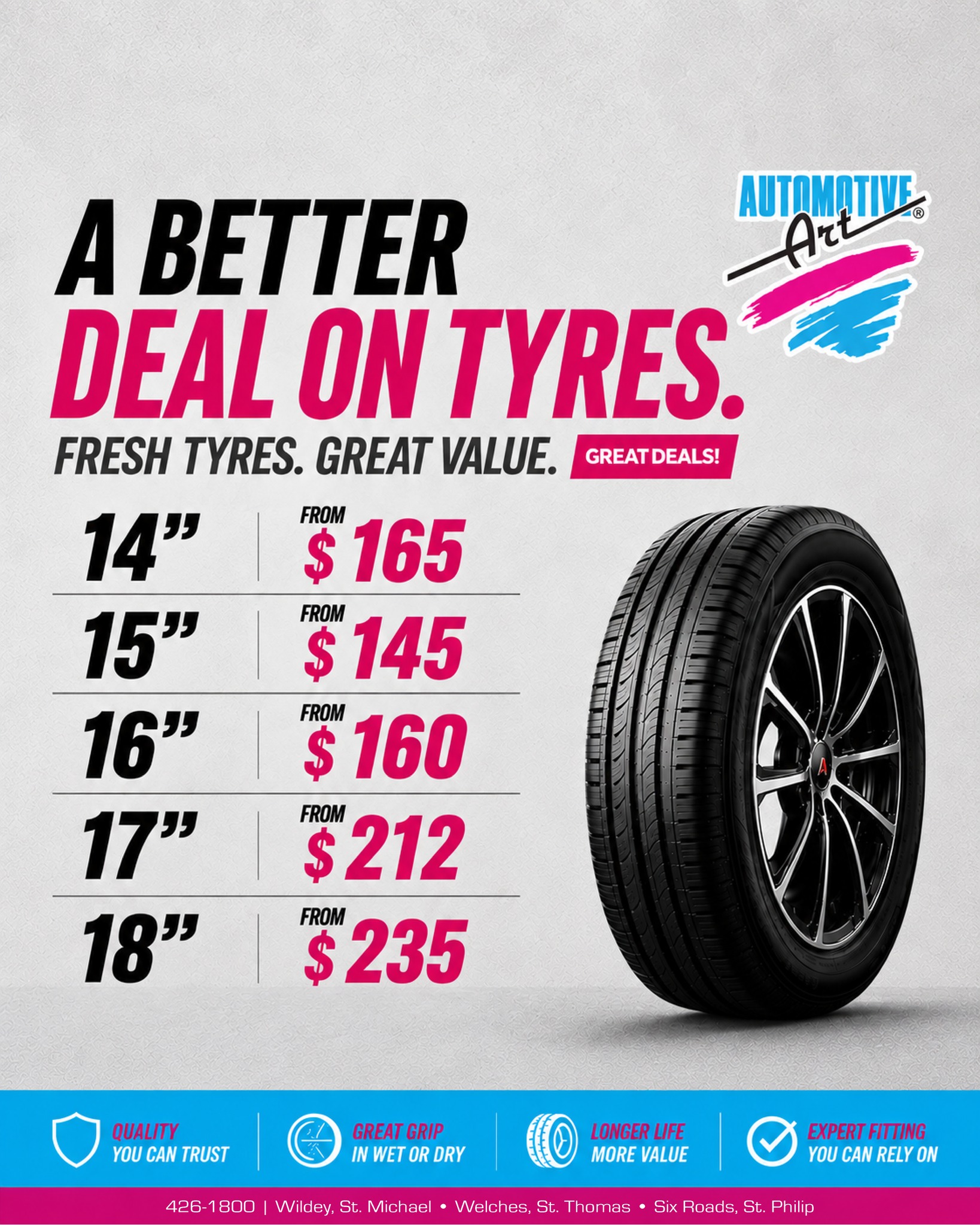 Automotive Art Tyre Deal – Sizes from 14" to 18" Starting at $145