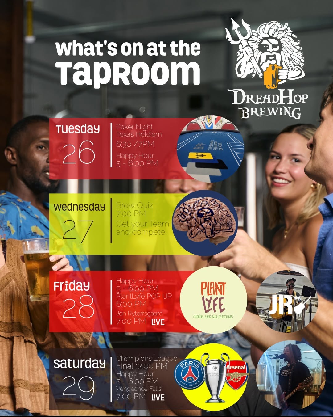 DreadHop TapRoom Weekly Events: Pub Quiz $10/person, $50 All-You-Can-Drink Draft Beer, Poker Night & Live Music