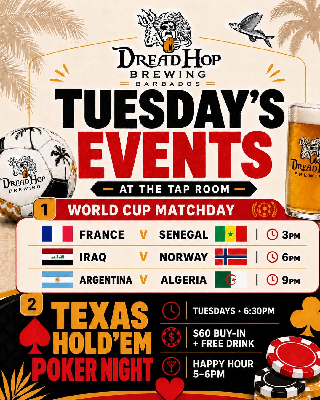 DreadHop Weekly Events: Poker Night, Quiz Night, World Cup Matchdays & Happy Hour