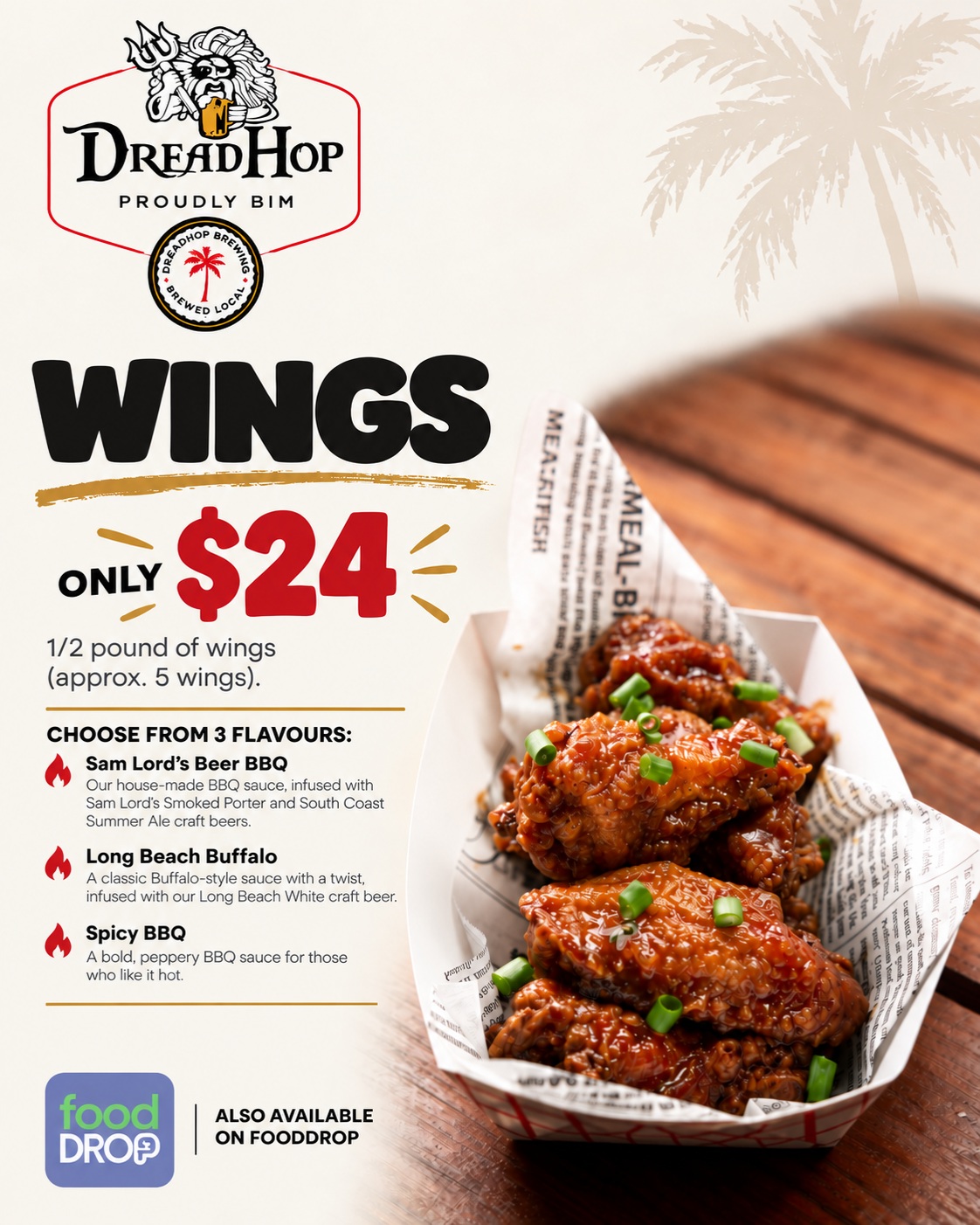DreadHop Wings – ½ lb for $24 | 3 Craft Beer-Infused Flavours
