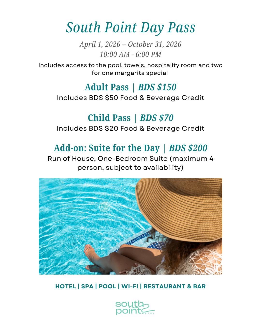 South Point Hotel Day Pass – Pool, Food Credit & Suite Add-On from BDS $70
