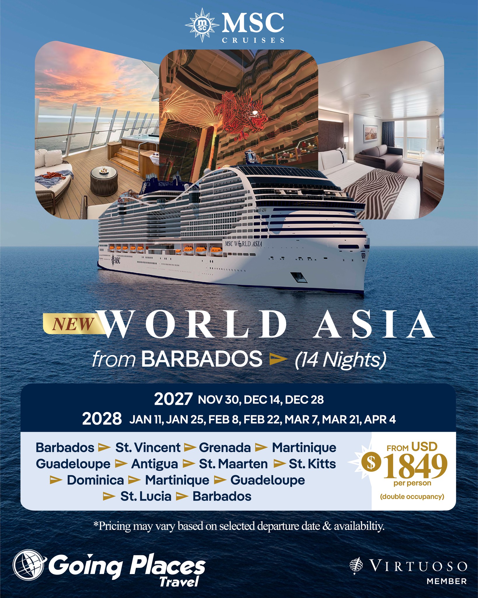 MSC World Asia Caribbean Cruises from Barbados – from USD $1,634 per person
