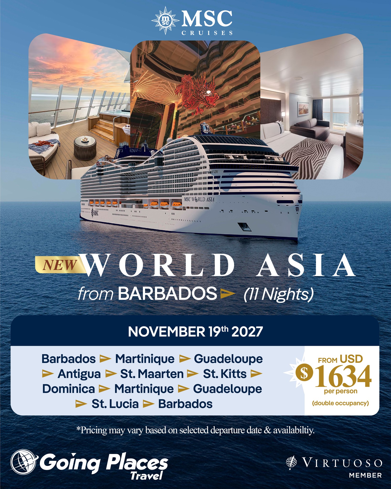 MSC World Asia Caribbean Cruises from Barbados – from USD $1,634 per person