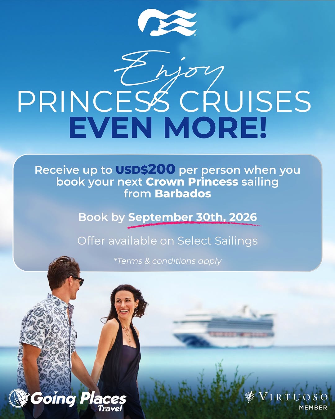 Crown Princess Cruises from Barbados – Up to US$200 Onboard Credit per Person