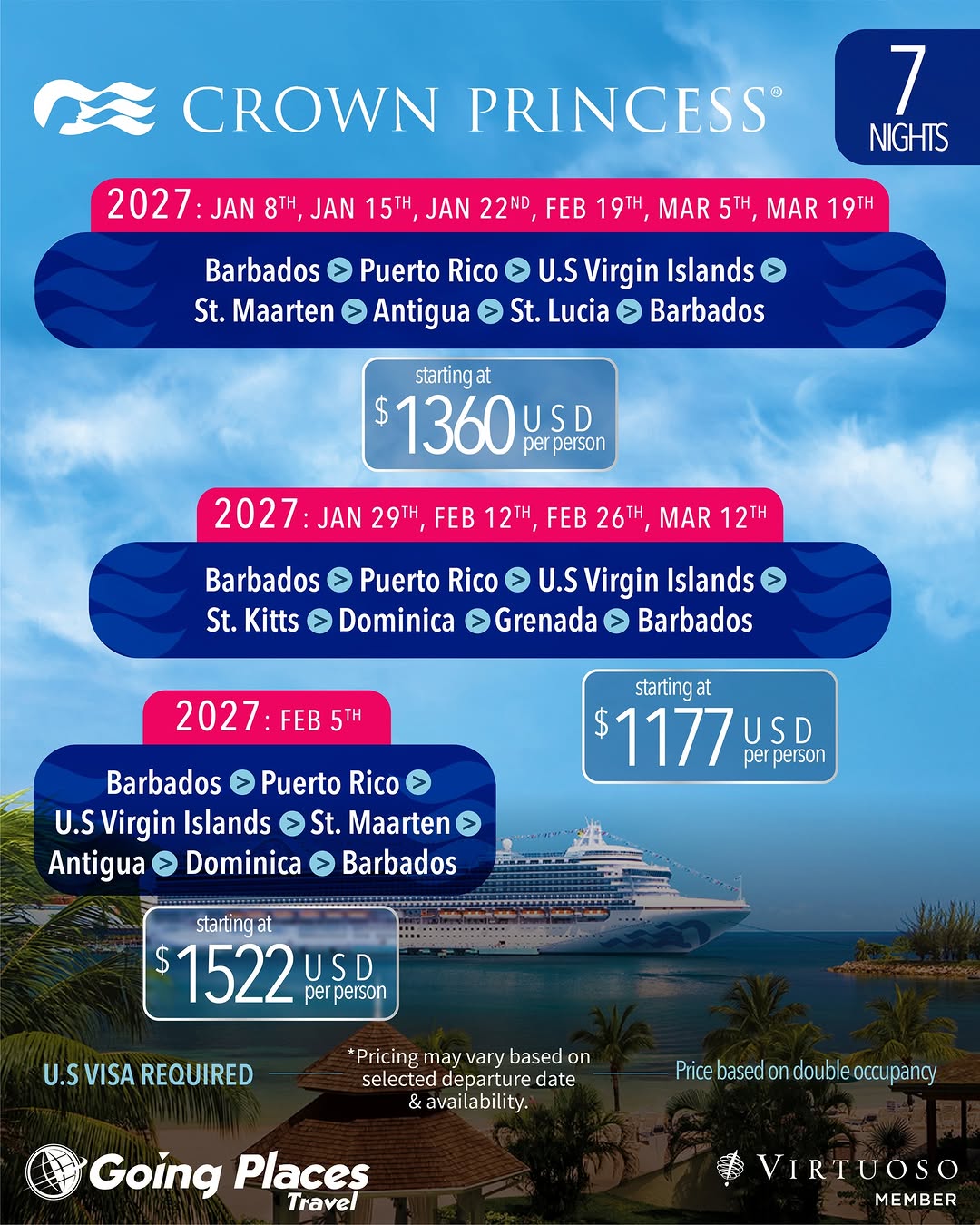 Crown Princess Cruises from Barbados – Up to US$200 Onboard Credit per Person
