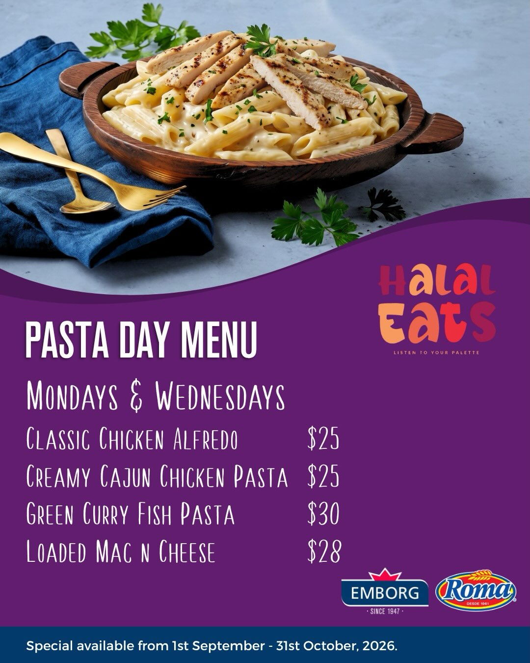 Pasta Day at Halal Eats – Mondays & Wednesdays Special Menu (Sept 1 – Oct 31, 2026)
