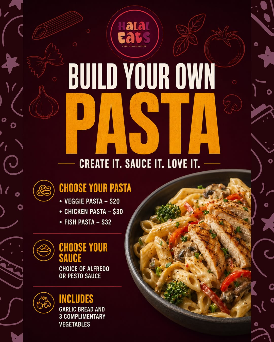 Build Your Own Pasta at Halal Eats – Starting at $20