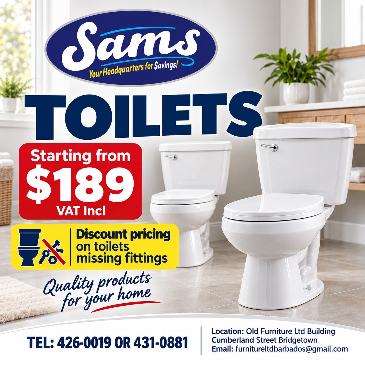 Toilets Starting from $189 VAT Incl at Sams Barbados