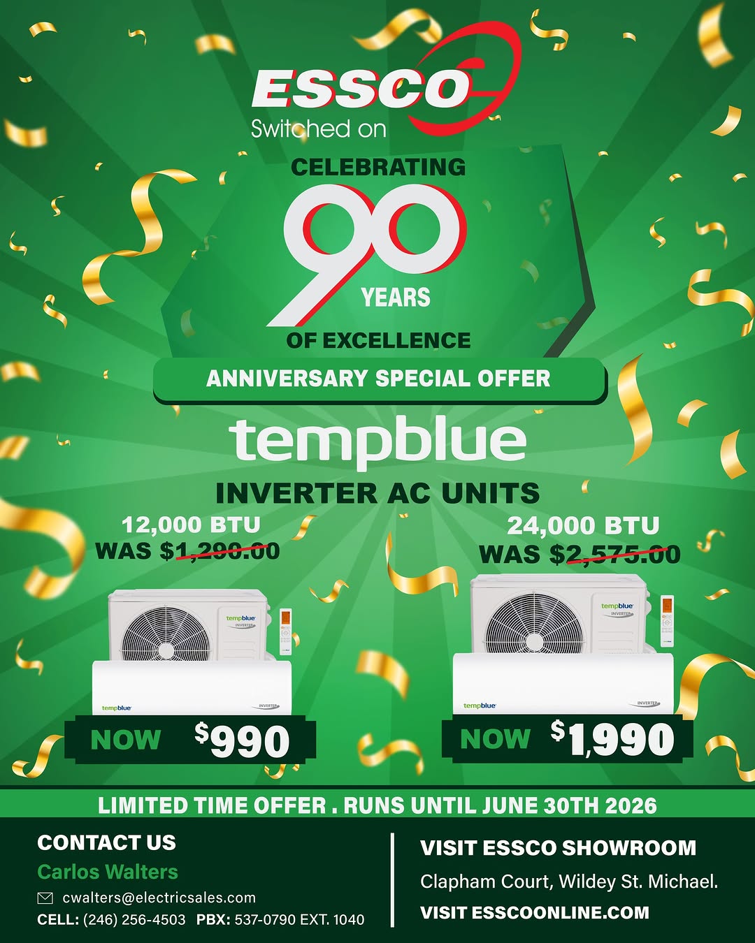 ESSCO 90th Anniversary Special – Tempblue Inverter AC Units Up to 24% Off