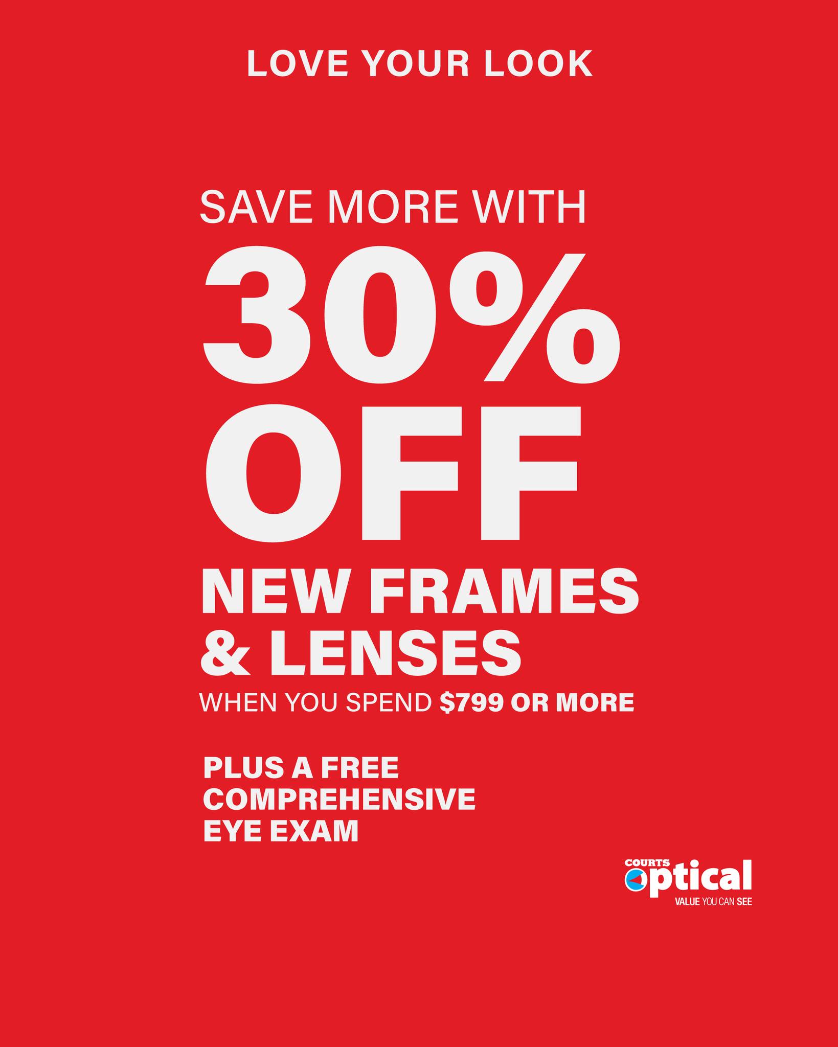 Courts Optical: 30% Off New Frames & Lenses + Free Eye Exam