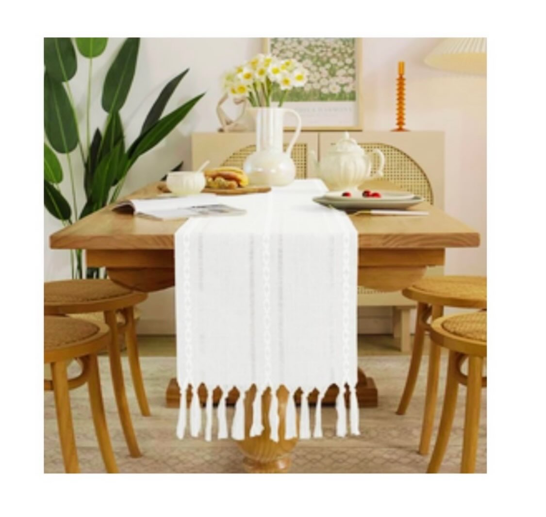 Vintage Woven Cotton Linen Table Runner with Tassels – $20.00