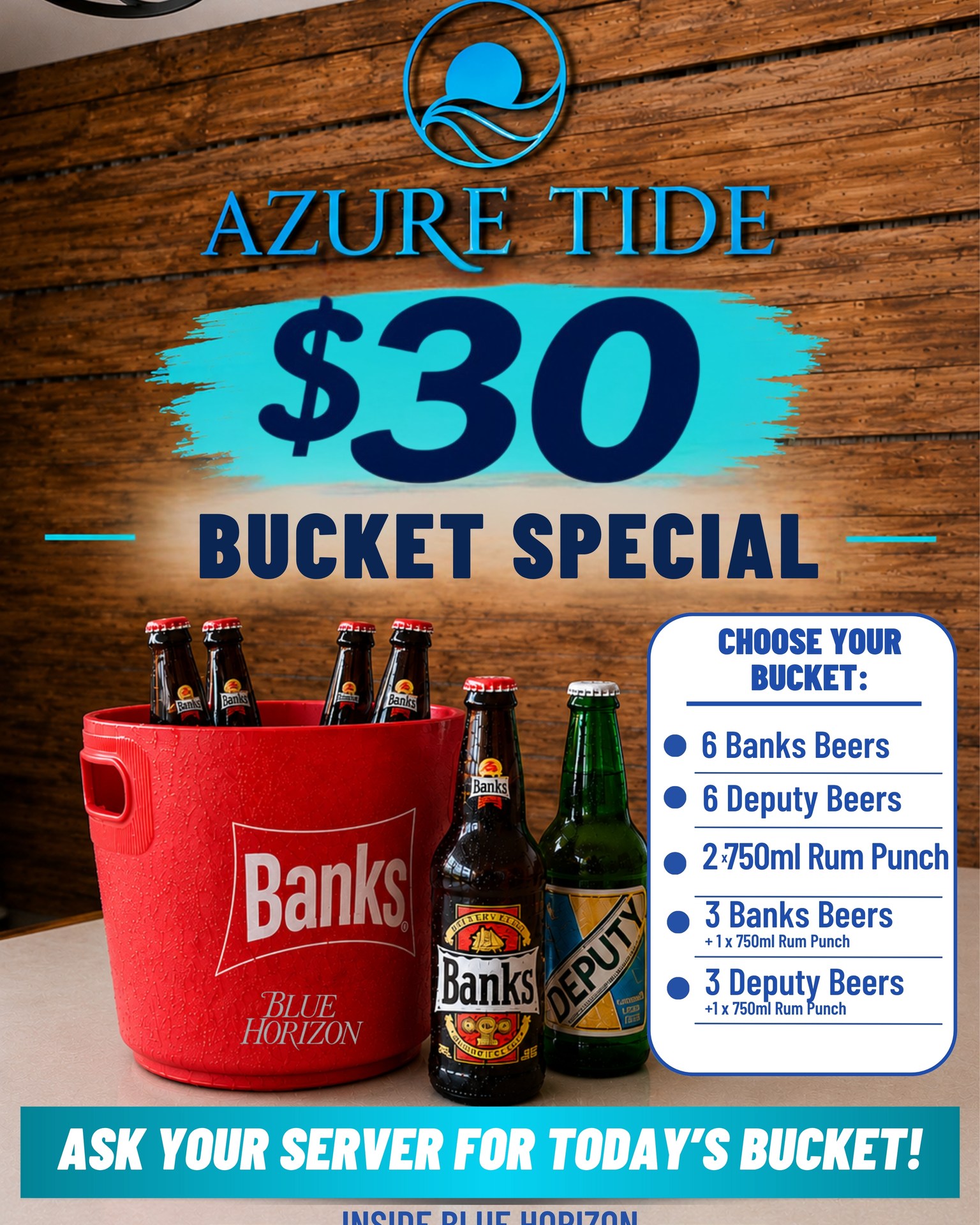 Azure Tide $30 Bucket Special – Choose Your Beer & Rum Punch Combo