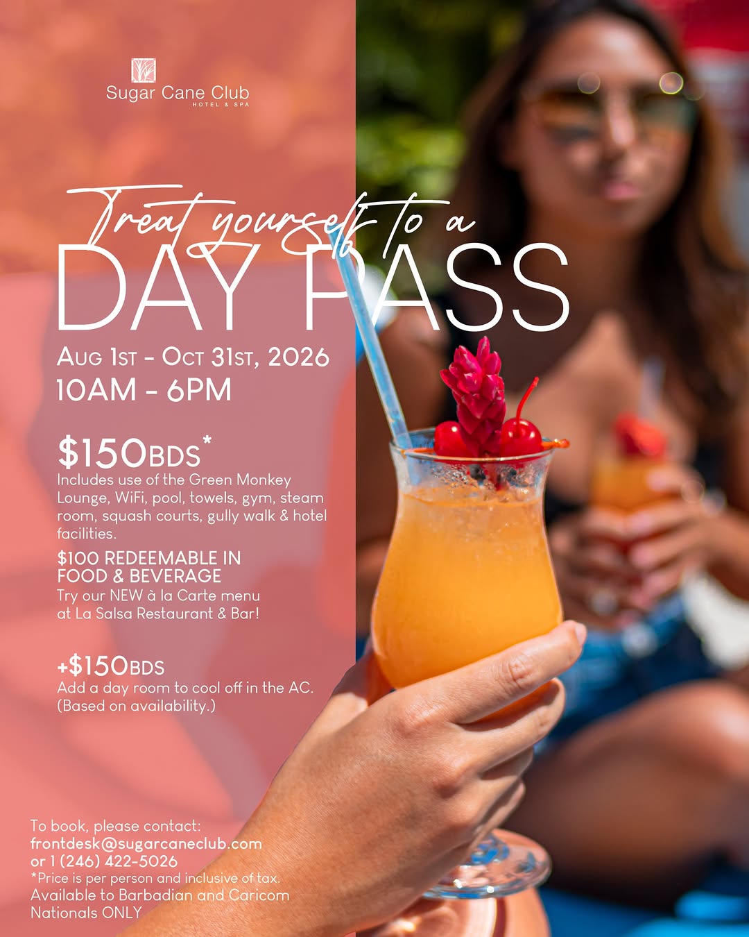 Sugar Cane Club Day Pass – $150BDS Per Person (Aug 1 – Oct 31, 2026)