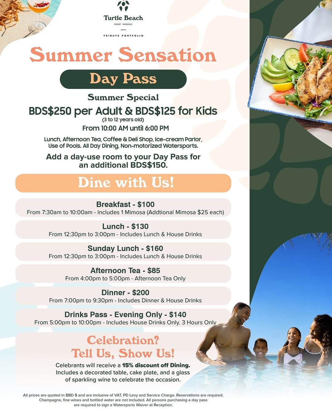 Summer Sensation Day Pass – BDS$250 per Adult, BDS$125 for Kids