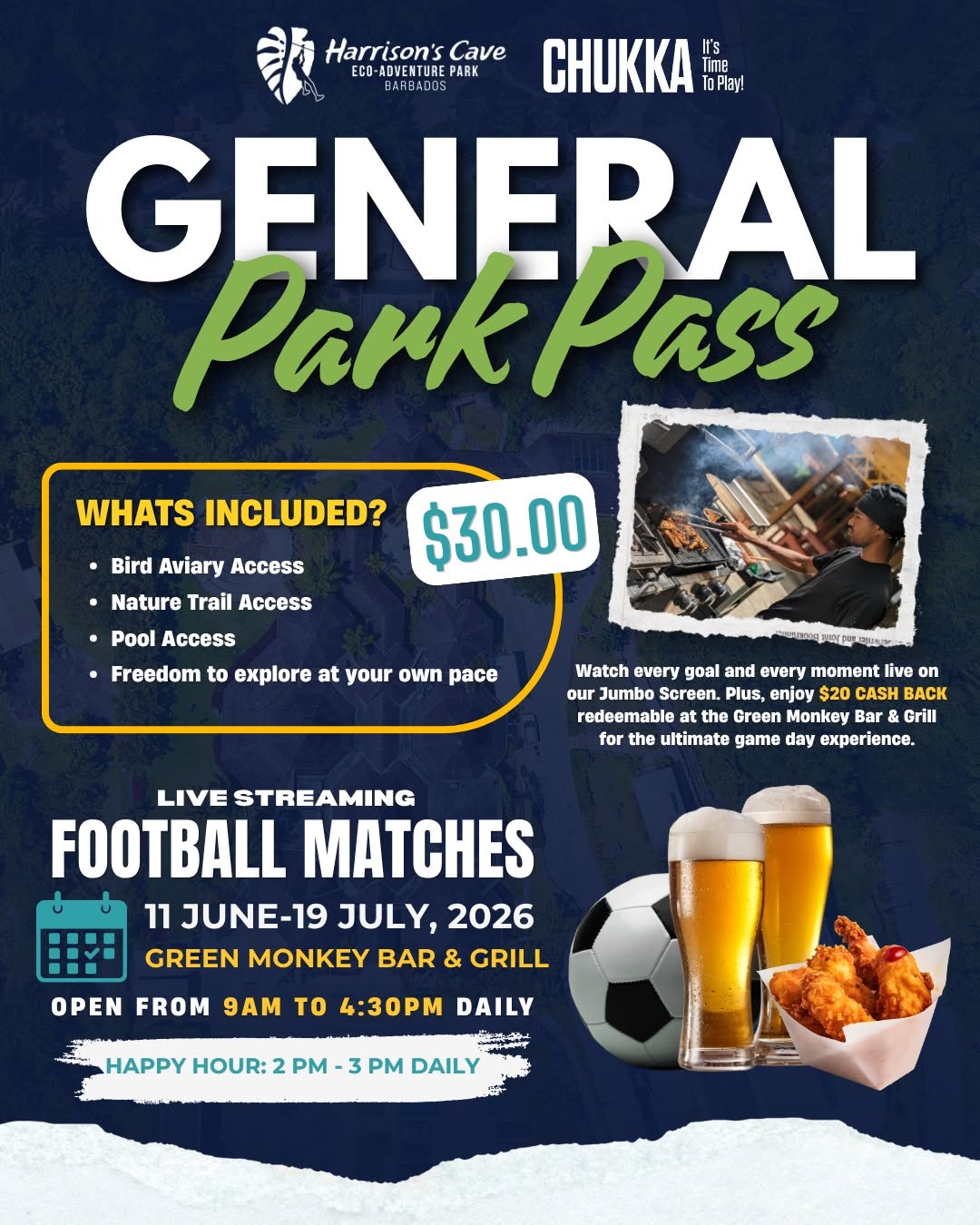 General Park Pass – $30 BDS with $20 Cash Back & Football Watch Party