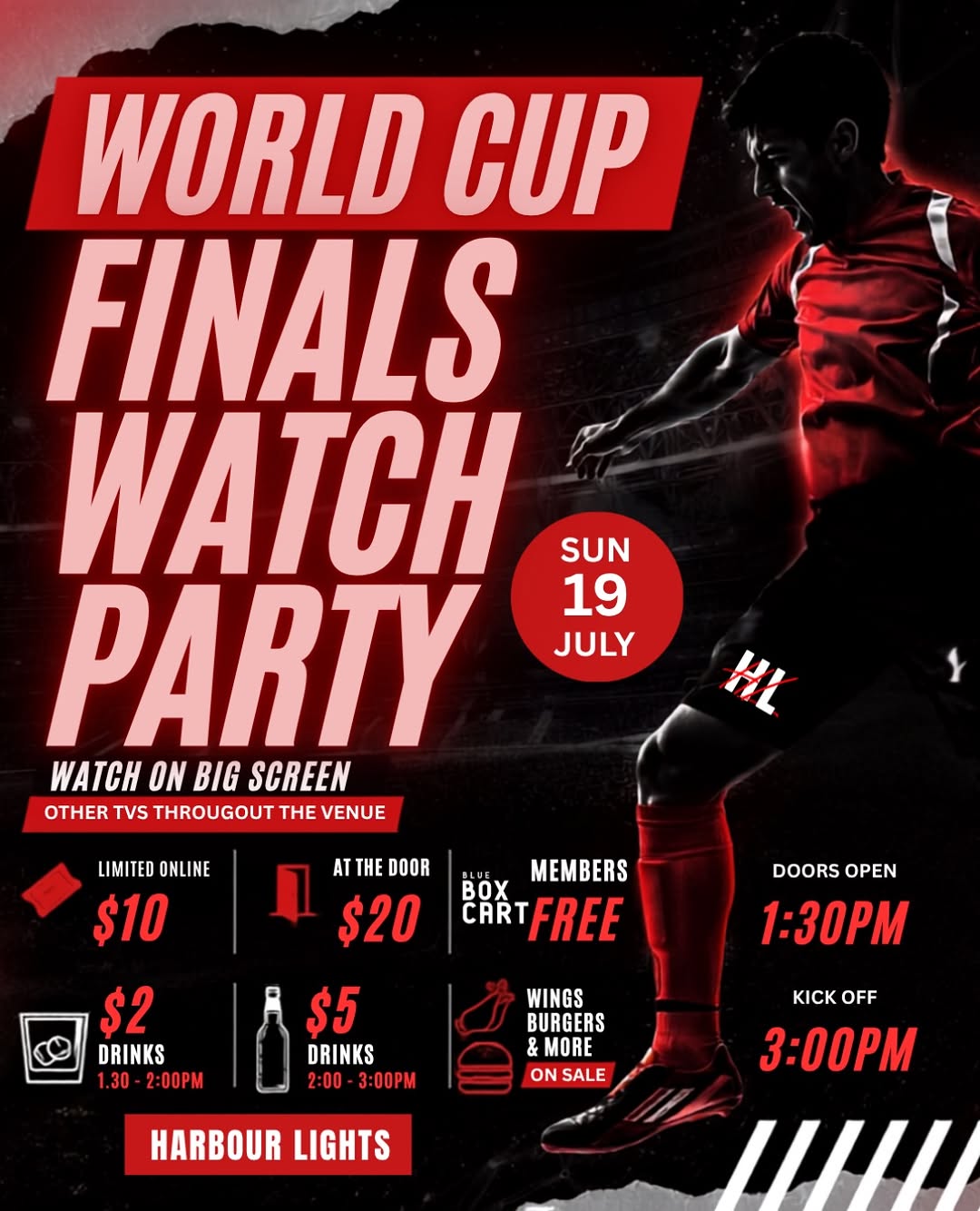 World Cup Finals Watch Party at Harbour Lights – Sun 19 July